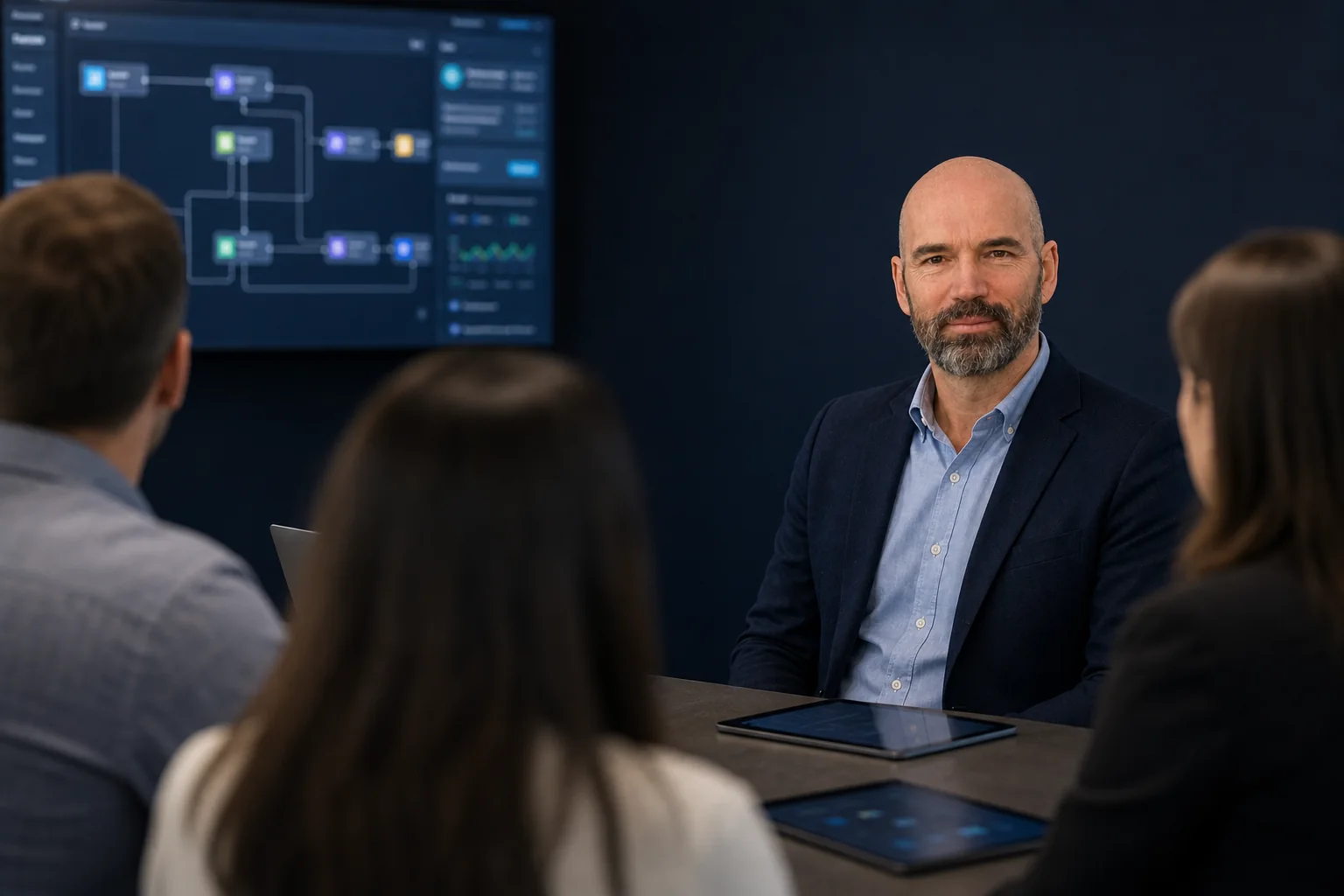 Alex Drachenberg in a collaborative consulting setting with a team reviewing digital workflows